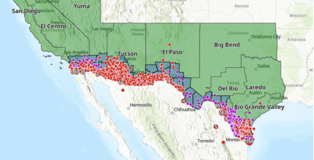 Screenshot of map with red dots representing deaths of migrants on the border