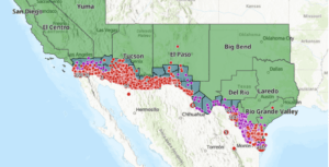 Screenshot of map with red dots representing deaths of migrants on the border